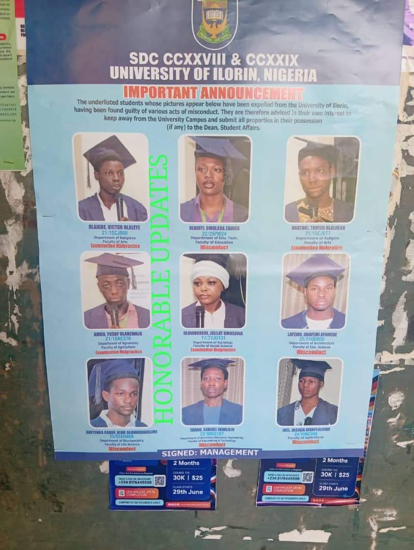 UNILORIN Expels Nine Students Over Examination Malpractice, Misconduct
