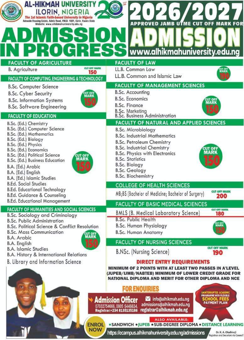 Al-Hikmah University Begins Admission Process, Releases Cut-Off Marks